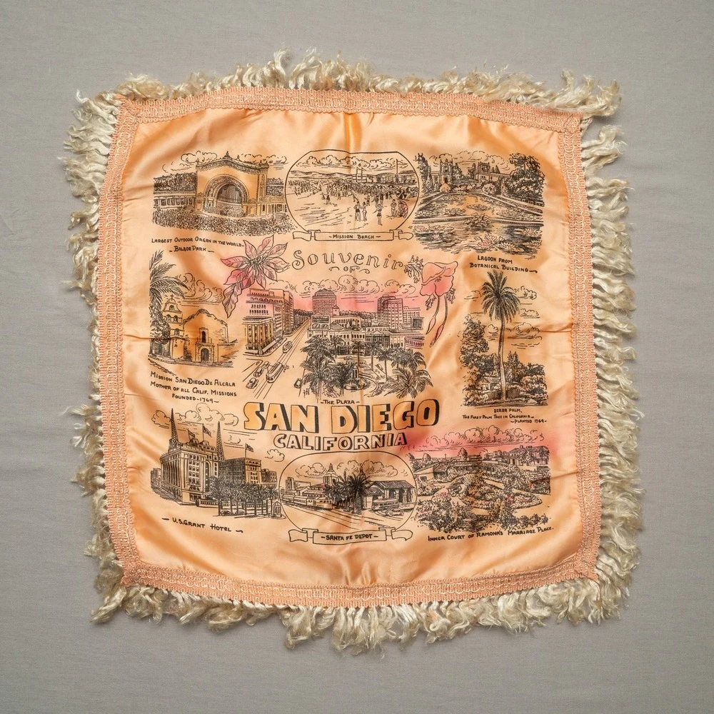 Vintage 1940s Souvenir Of California San Diego Silk Souvenir Pillow Case Sham